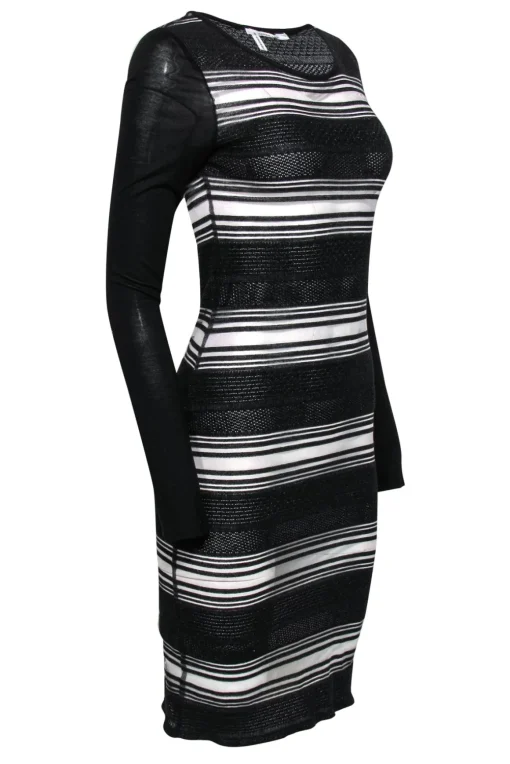 Derek Lam 10 Crosby - Black Sheer Mesh Striped Long Sleeve Dress Sz S