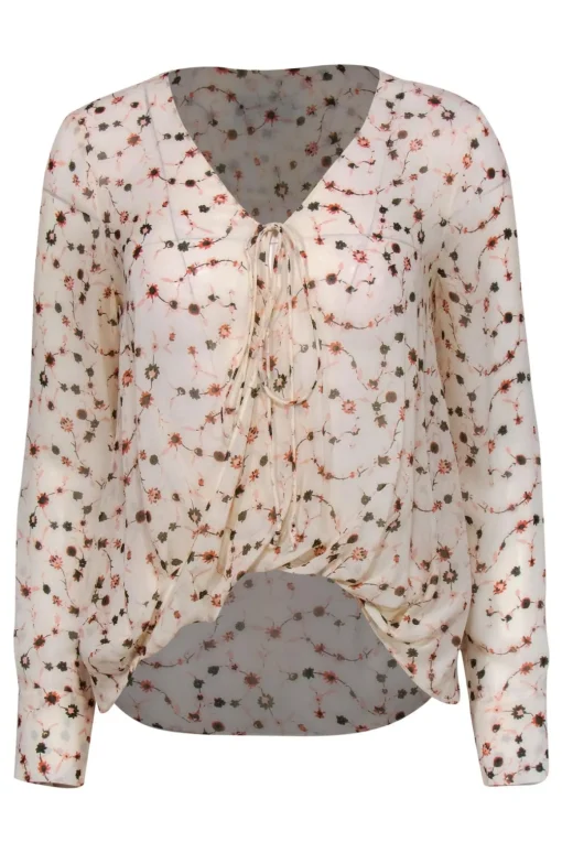 Derek Lam 10 Crosby - Cream, Pink & Olive Floral Print Silk Blouse Sz 0