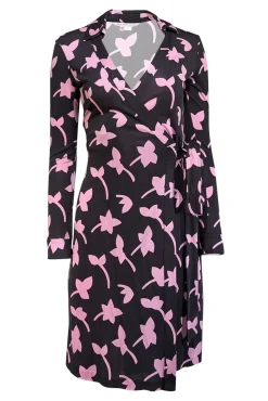Diane von Furstenberg - Black w/ Pink Floral Print Silk Wrap Dress Sz 2
