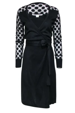 Diane von Furstenberg - Black Wrap Dress w/ Semi Sheer Polka Dot Sleeves Sz S