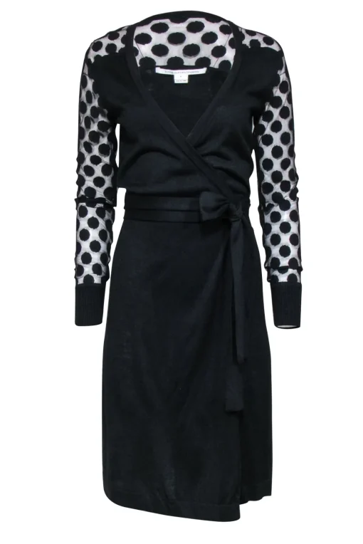 Diane von Furstenberg - Black Wrap Dress w/ Semi Sheer Polka Dot Sleeves Sz S