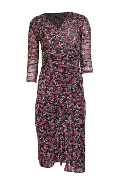 Diane von Furstenberg - Black w/ Pink & Green Floral Print Ruched Mesh Dress Sz XS