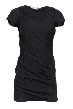 Diane von Furstenberg - Black Short Cap Sleeve Silk Ruched Mini Dress Sz 0