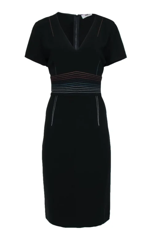 Diane von Furstenberg - Black Short Sleeve Sheath Dress w/ Rainbow Contrast Stitching Sz 14