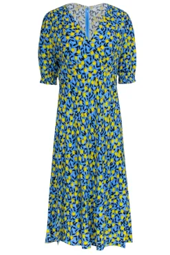 Diane von Furstenberg - Blue w/ Lemon Print Short Sleeve Dress Sz 14