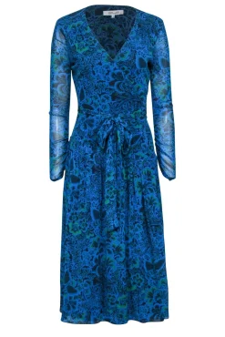Diane von Furstenberg - Blue & Green Floral & Leaf Print Wrap Dress Sz S