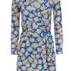 Diane von Furstenberg - Blue & Mustard Leaf Print Silk Wrap Dress Sz 0