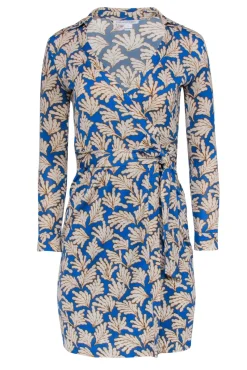 Diane von Furstenberg - Blue & Mustard Leaf Print Silk Wrap Dress Sz 0