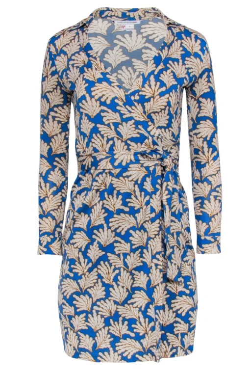 Diane von Furstenberg - Blue & Mustard Leaf Print Silk Wrap Dress Sz 0