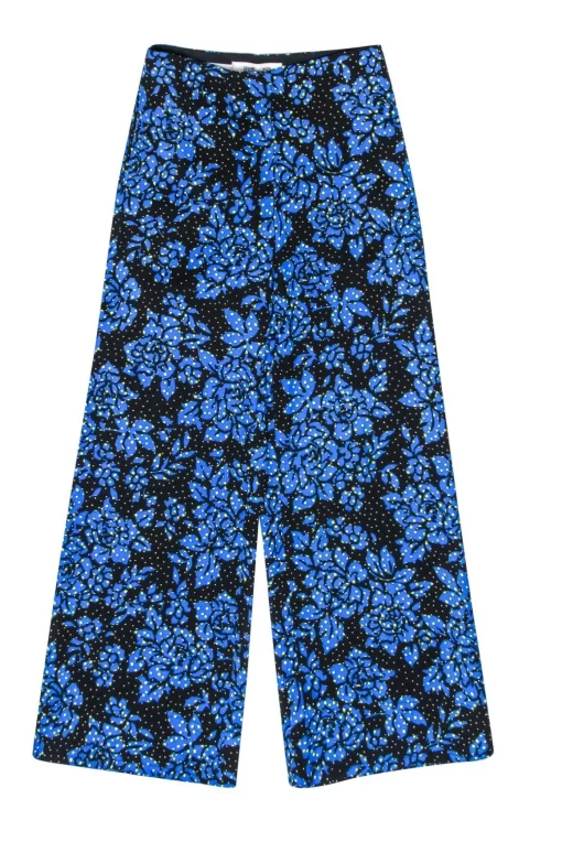 Diane von Furstenberg - Black w/ Yellow & White Dotted Floral Print Pants Sz 2
