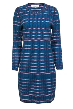 Diane von Furstenberg - Blue & Purple Knit Long Sleeve Sheath Dress Sz L