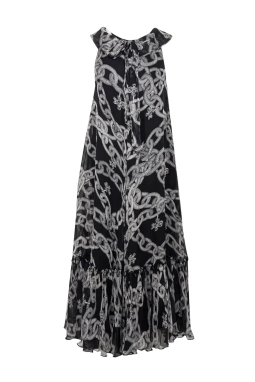 Diane von Furstenberg - Black w/ Grey Chain Print Sleeveless Maxi Dress Sz 0