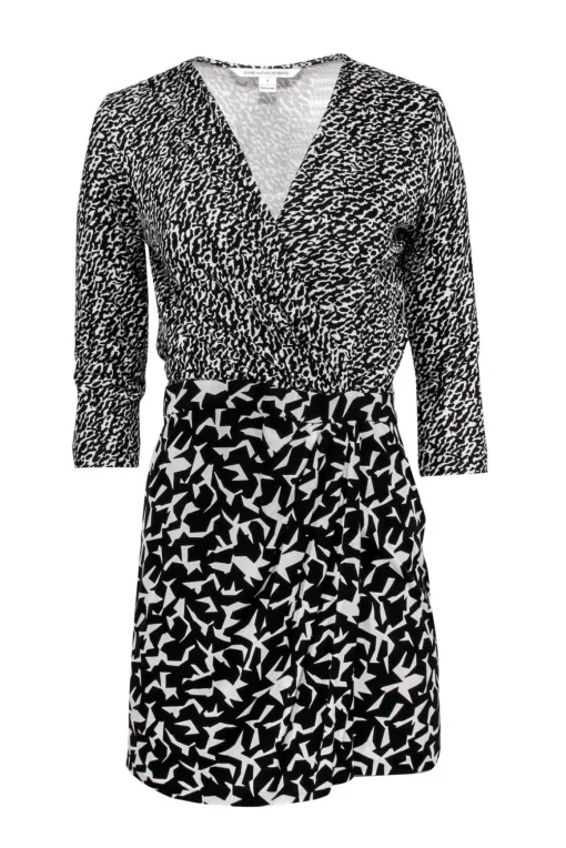 Diane von Furstenberg - Black & White Abstract Pattern Wrap Dress Sz 8