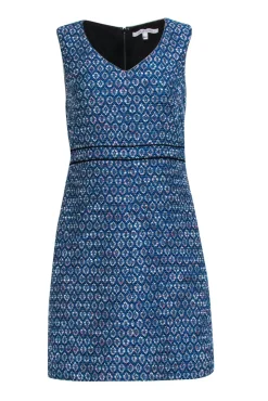 Diane von Furstenberg - Blue & White Tweed Midi Shift Dress Sz 6