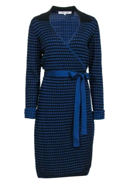 Diane von Furstenberg - Blue & Black Long Sleeve Wrap Sweater Dress Sz L
