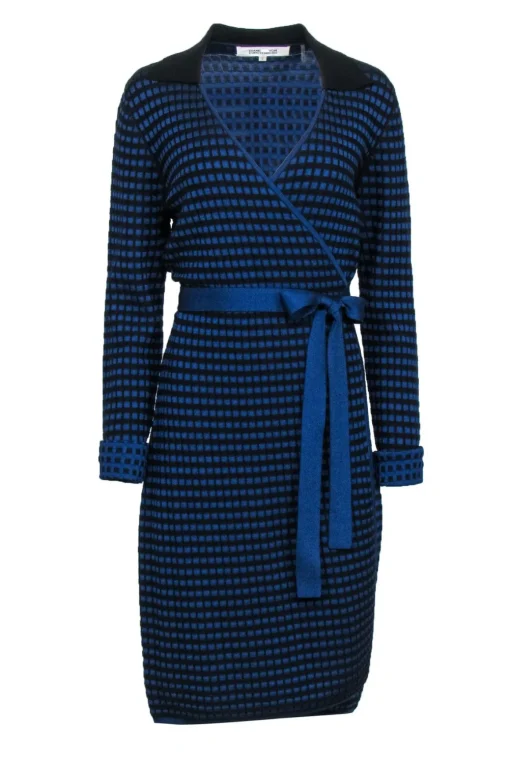 Diane von Furstenberg - Blue & Black Long Sleeve Wrap Sweater Dress Sz L