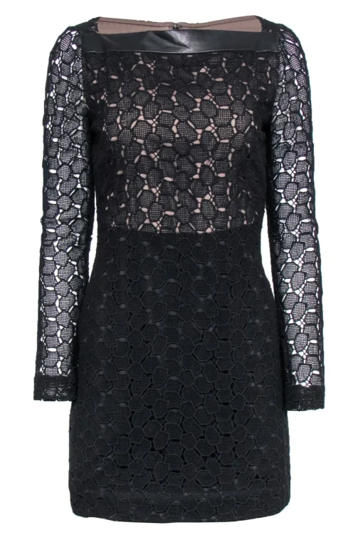 Diane von Furstenberg - Black Eyelet Lace Overlay Long Sleeve Dress Sz 6