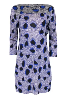 Diane von Furstenberg - Blue & Cream Printed Boat Neck Silk Shift Dress Sz 10