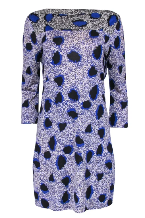Diane von Furstenberg - Blue & Cream Printed Boat Neck Silk Shift Dress Sz 10