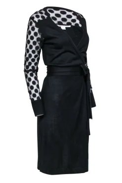 Diane von Furstenberg - Black Wrap Dress w/ Semi Sheer Polka Dot Sleeves Sz S