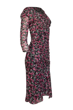 Diane von Furstenberg - Black w/ Pink & Green Floral Print Ruched Mesh Dress Sz XS