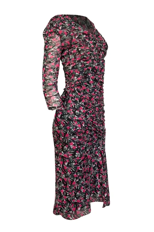 Diane von Furstenberg - Black w/ Pink & Green Floral Print Ruched Mesh Dress Sz XS