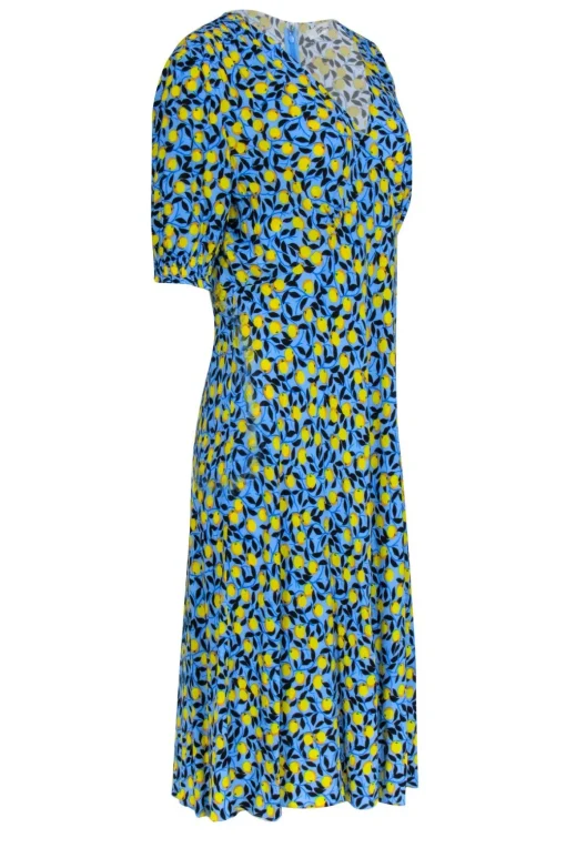 Diane von Furstenberg - Blue w/ Lemon Print Short Sleeve Dress Sz 14