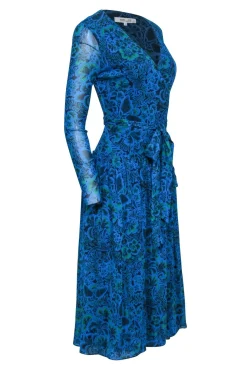 Diane von Furstenberg - Blue & Green Floral & Leaf Print Wrap Dress Sz S
