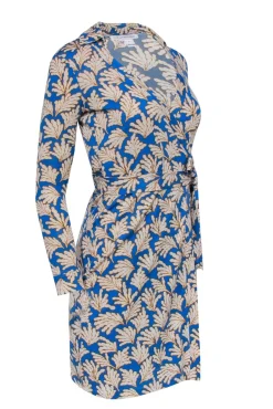 Diane von Furstenberg - Blue & Mustard Leaf Print Silk Wrap Dress Sz 0