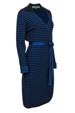 Diane von Furstenberg - Blue & Black Long Sleeve Wrap Sweater Dress Sz L