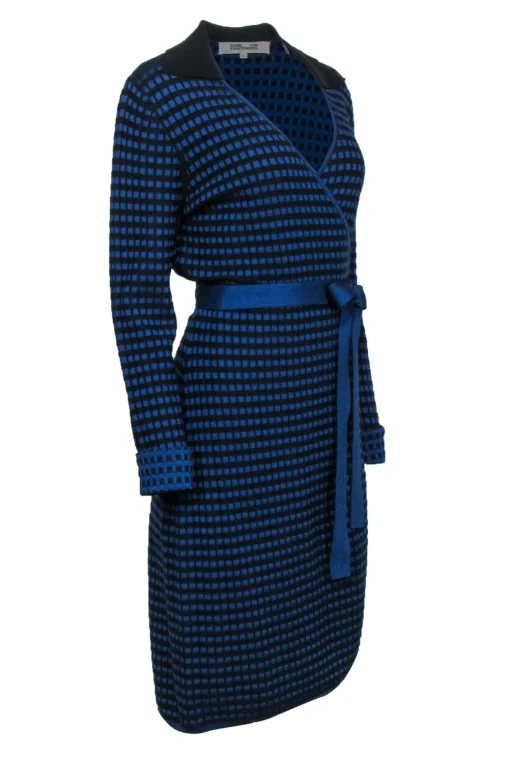 Diane von Furstenberg - Blue & Black Long Sleeve Wrap Sweater Dress Sz L