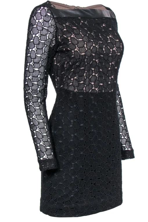 Diane von Furstenberg - Black Eyelet Lace Overlay Long Sleeve Dress Sz 6