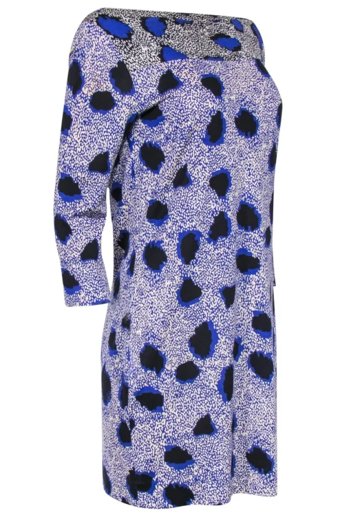 Diane von Furstenberg - Blue & Cream Printed Boat Neck Silk Shift Dress Sz 10