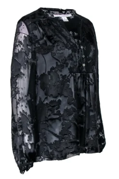 Diane von Furstenberg - Black Silk Floral Long Sleeve Blouse Sz 12