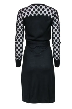 Diane von Furstenberg - Black Wrap Dress w/ Semi Sheer Polka Dot Sleeves Sz S