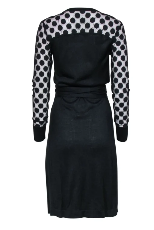 Diane von Furstenberg - Black Wrap Dress w/ Semi Sheer Polka Dot Sleeves Sz S