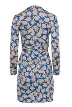 Diane von Furstenberg - Blue & Mustard Leaf Print Silk Wrap Dress Sz 0