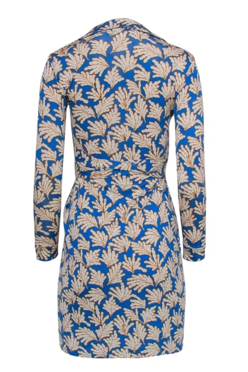 Diane von Furstenberg - Blue & Mustard Leaf Print Silk Wrap Dress Sz 0