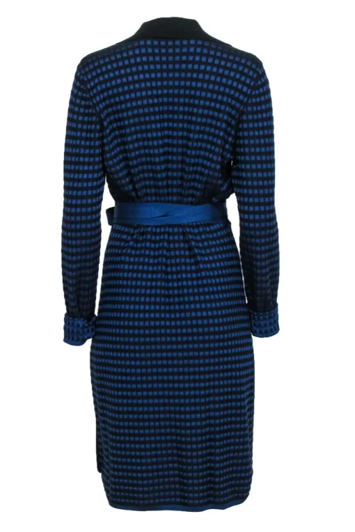 Diane von Furstenberg - Blue & Black Long Sleeve Wrap Sweater Dress Sz L
