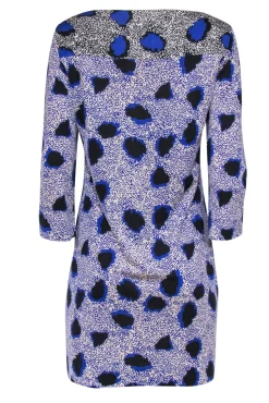Diane von Furstenberg - Blue & Cream Printed Boat Neck Silk Shift Dress Sz 10