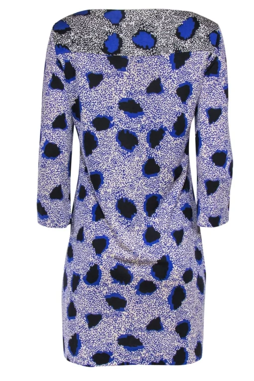 Diane von Furstenberg - Blue & Cream Printed Boat Neck Silk Shift Dress Sz 10