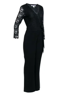 Diane von Furstenberg - Black Lace Top Wrap Jumpsuit w/ Wide Leg Sz 8