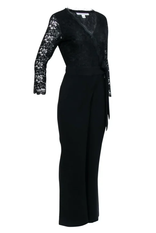 Diane von Furstenberg - Black Lace Top Wrap Jumpsuit w/ Wide Leg Sz 8