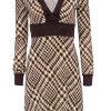 Diane Von Furstenberg - Brown Plaid Silk Long Sleeve Dress Sz 4