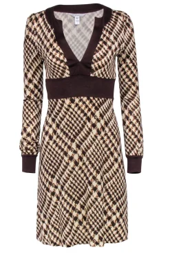 Diane Von Furstenberg - Brown Plaid Silk Long Sleeve Dress Sz 4