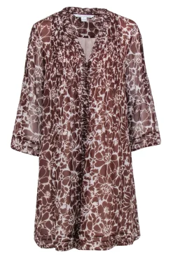 Diane von Furstenberg - Brown & White Floral Print Mini Shirtdress Sz 12