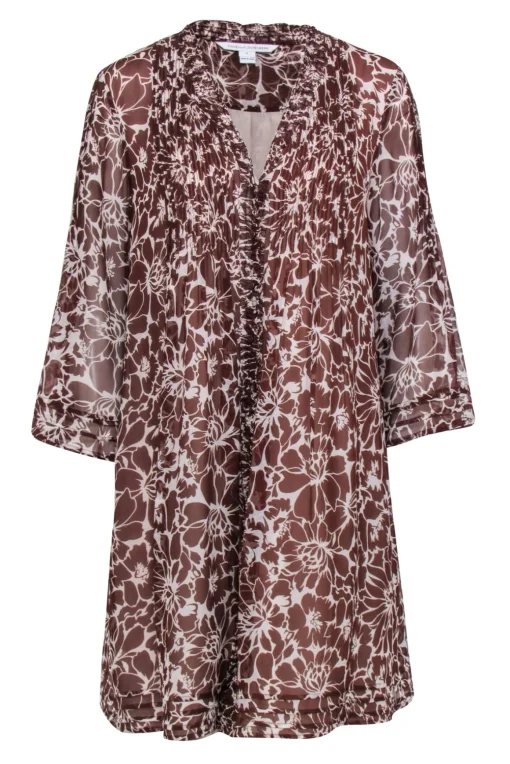 Diane von Furstenberg - Brown & White Floral Print Mini Shirtdress Sz 12
