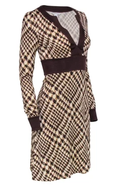 Diane Von Furstenberg - Brown Plaid Silk Long Sleeve Dress Sz 4