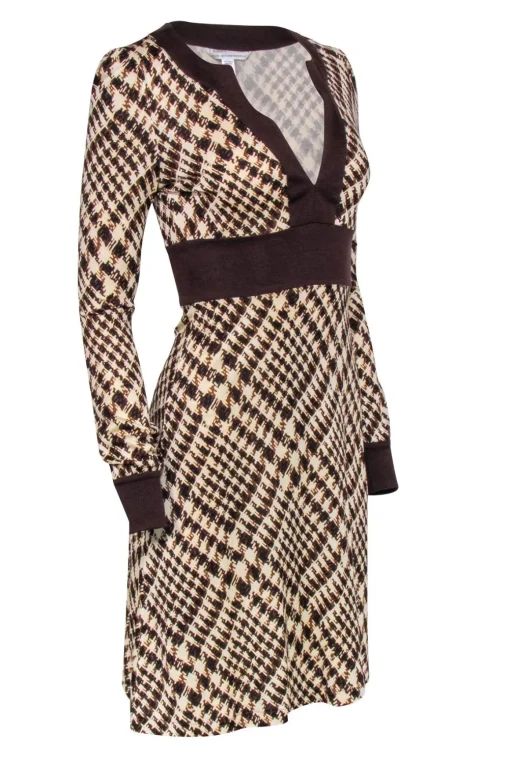 Diane Von Furstenberg - Brown Plaid Silk Long Sleeve Dress Sz 4