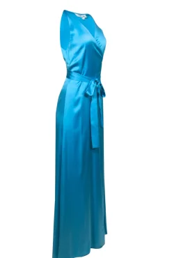 Diane von Furstenberg - Caribbean Blue "Pacific" Satin Wrap Gown Sz 10